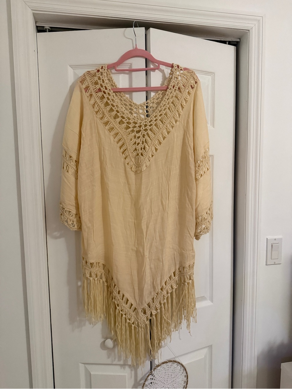 New Fringed Crochet V-Neck Boho Tunic/ Cover Up in Beige, Size M